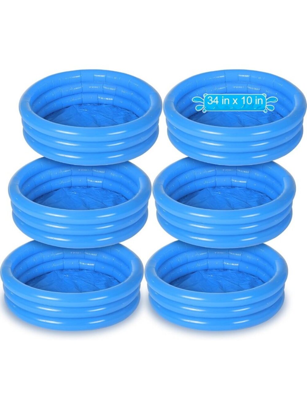 Inflatable Kiddie Pool 6 Pack - 34x10 Inch Baby Pool with 3 Rings, Blue Fun!